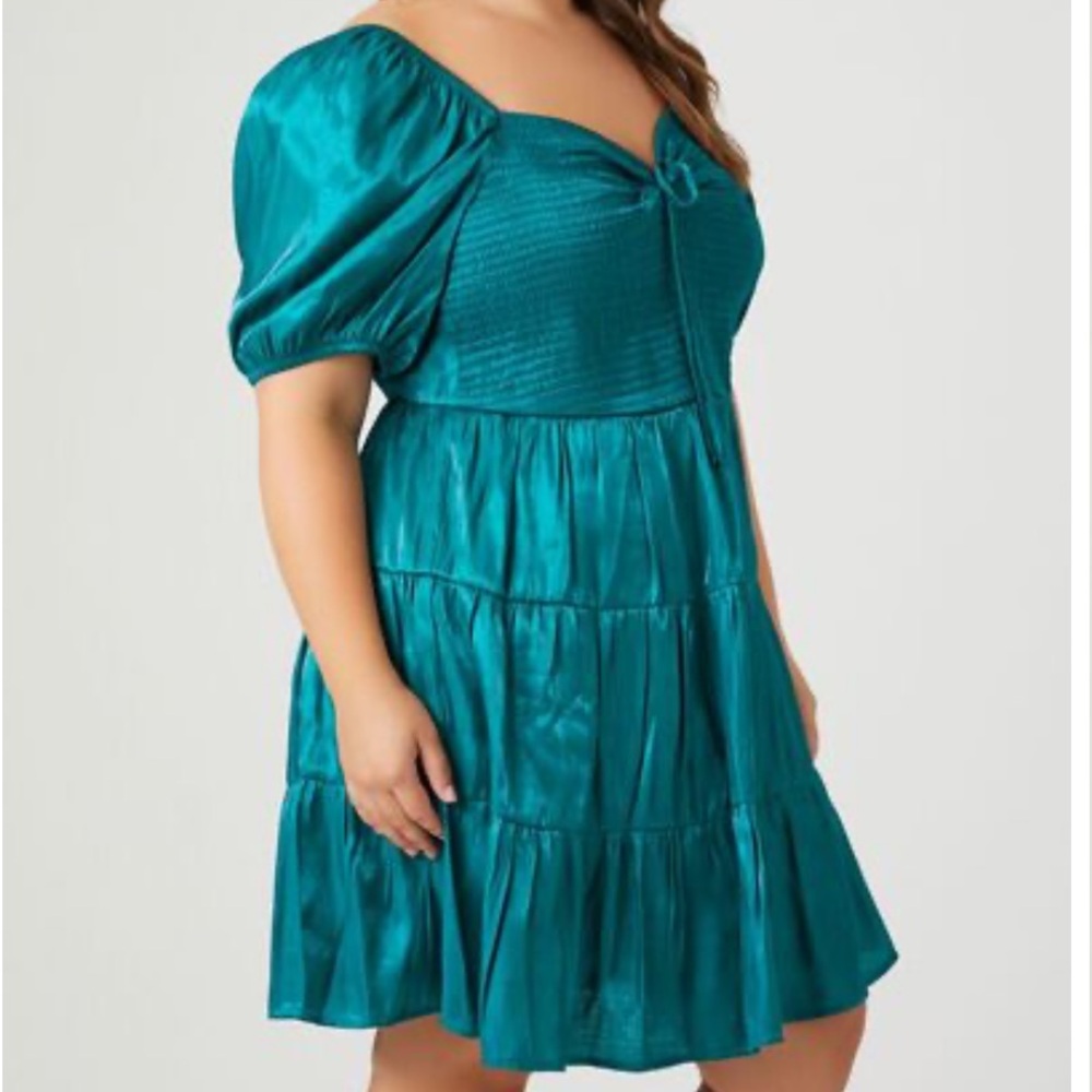 Heart & Hills Metallic Blue Plus Size Puff-Sleeve Mini Tiered Dress Sz 2X